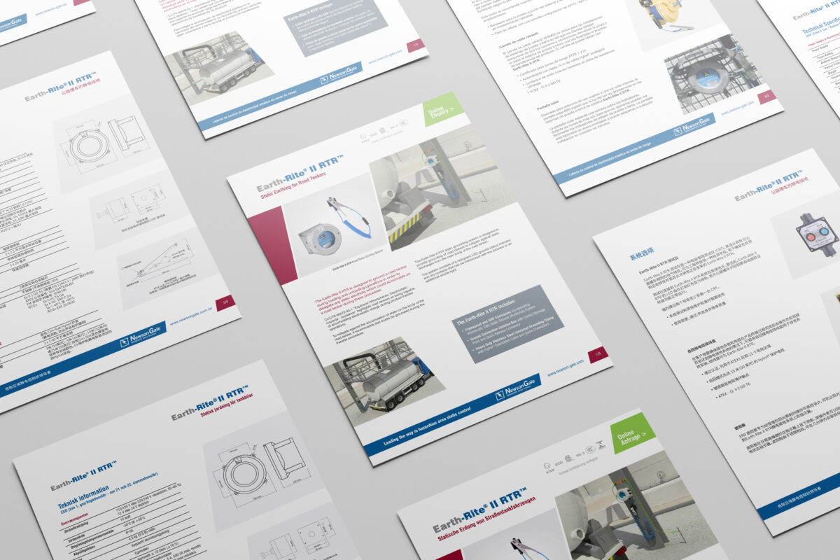Newson_MU Newson Gale's technical documents laid flat and translated into different languages.