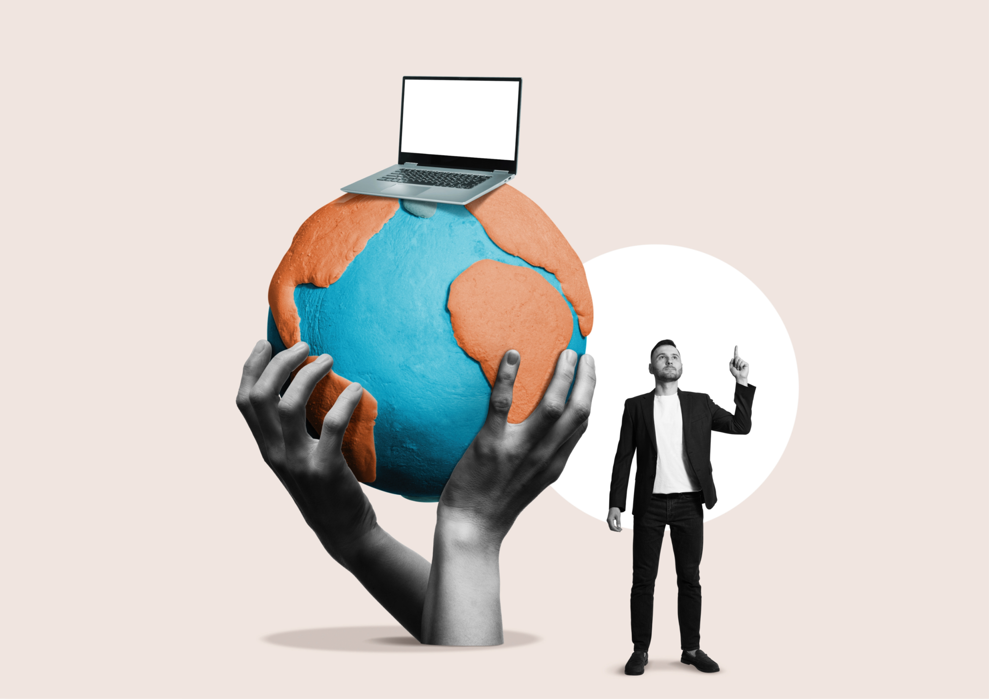 A pair of hands holding up a globe with a laptop on top of it. Stood next to the globe is a man who has just had a bright idea.